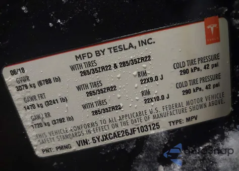 2018 Tesla Model X 100D/75D/P100D z USA, uszkodzony, nr VIN 5YJXCAE26JF103125